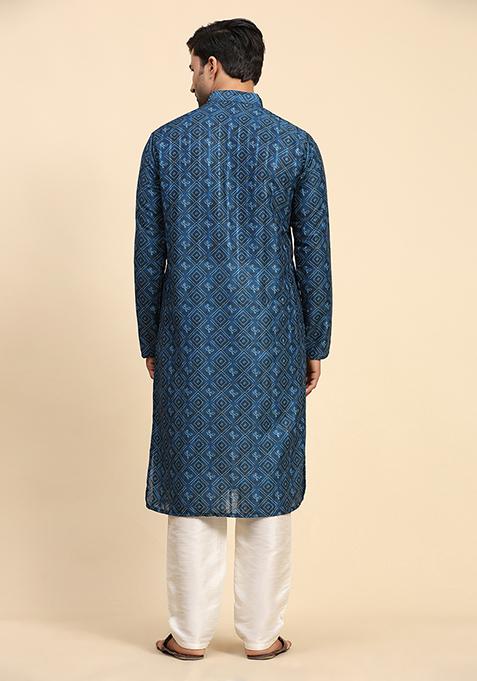 Blue Digital Print Cotton Kurta For Men