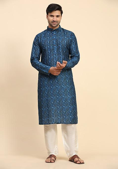 Blue Digital Print Cotton Kurta For Men