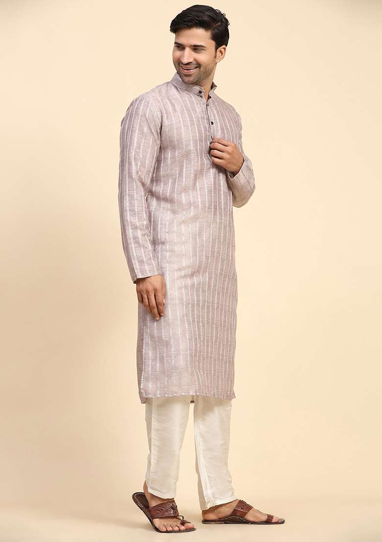 Dusty Pink Digital Print Cotton Kurta For Men - Indya