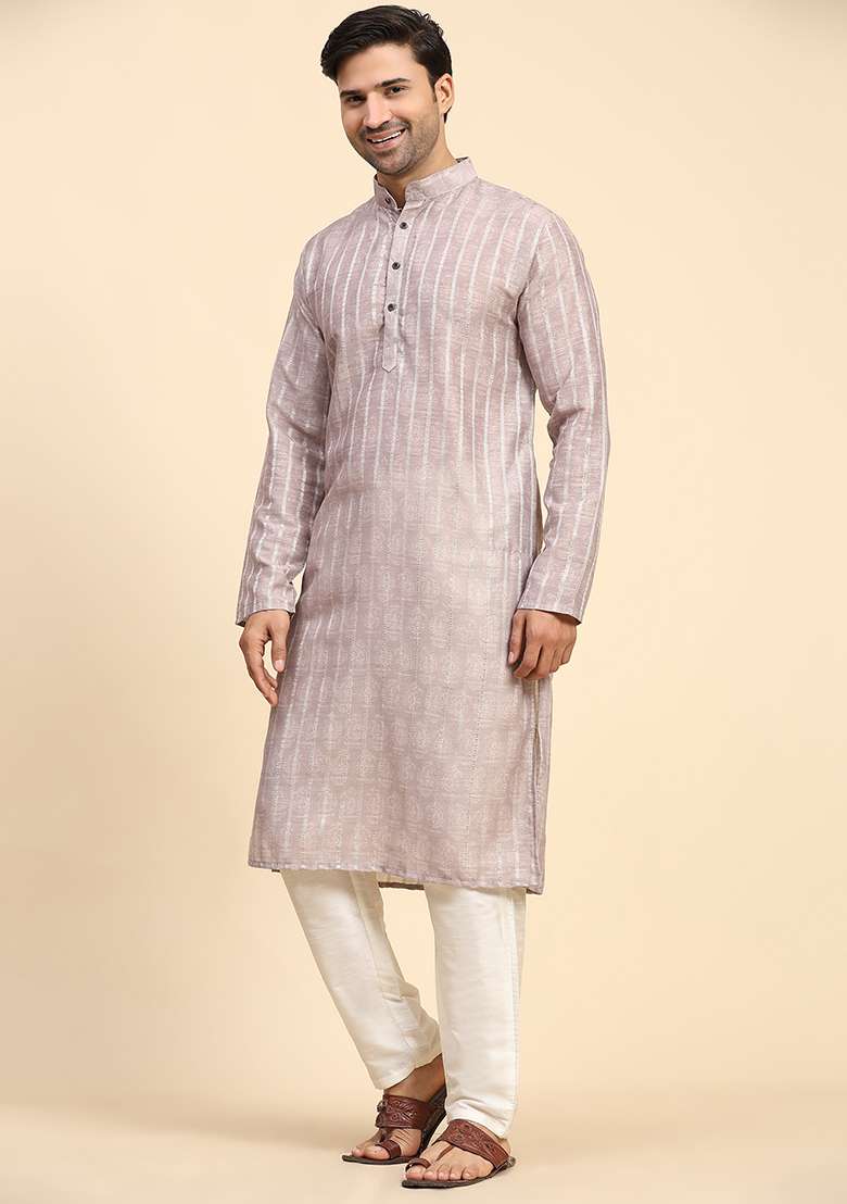 Dusty Pink Digital Print Cotton Kurta For Men - Indya