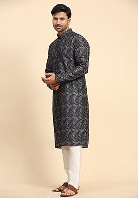 Black Digital Print Cotton Kurta For Men
