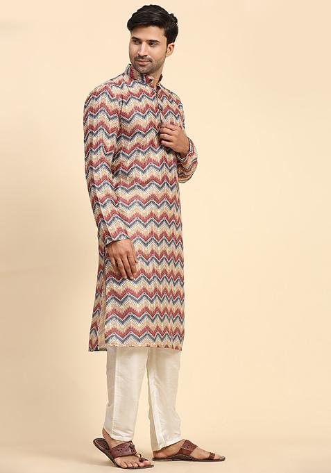 Multicolor Digital Print Cotton Kurta For Men