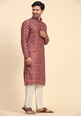 Red Digital Print Cotton Kurta For Men