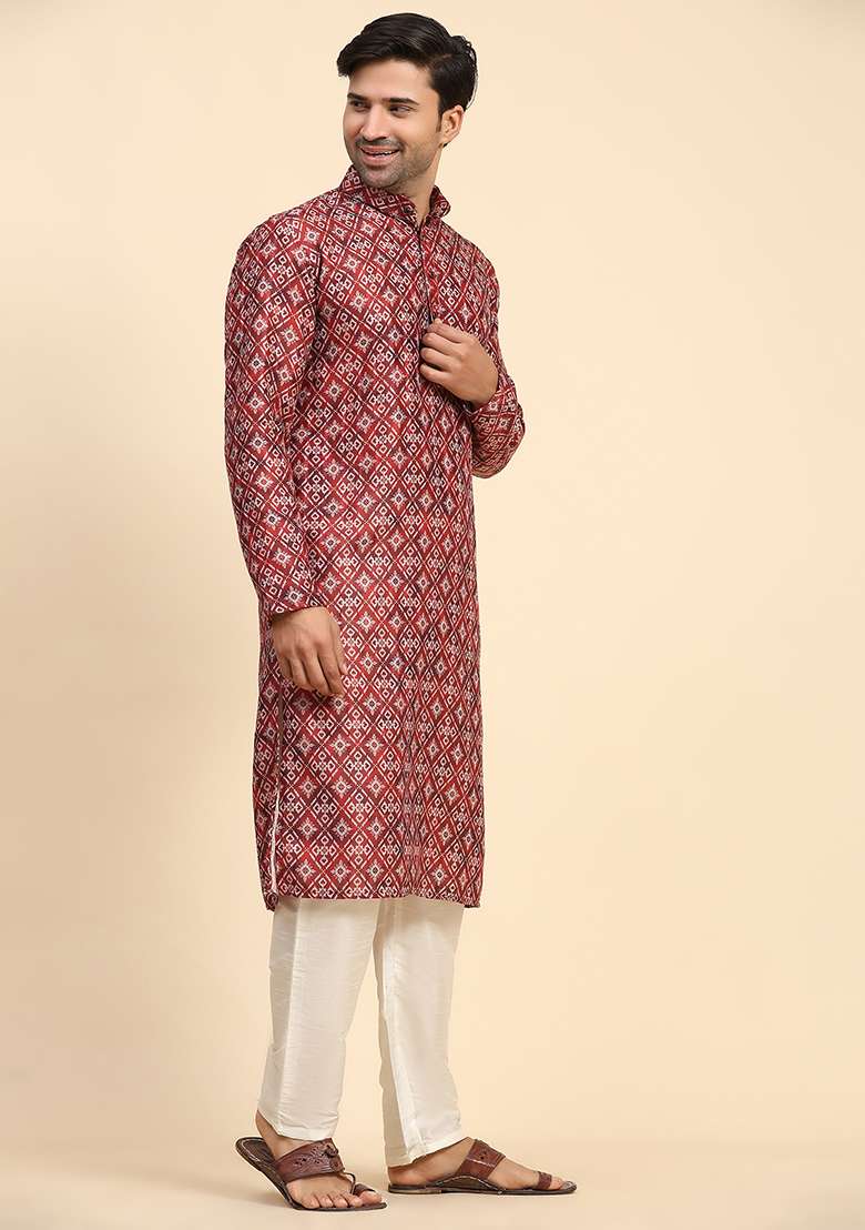 Red Digital Print Cotton Kurta For Men - Indya