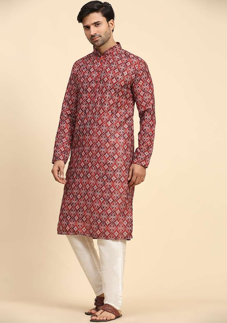 Red Digital Print Cotton Kurta For Men - Indya