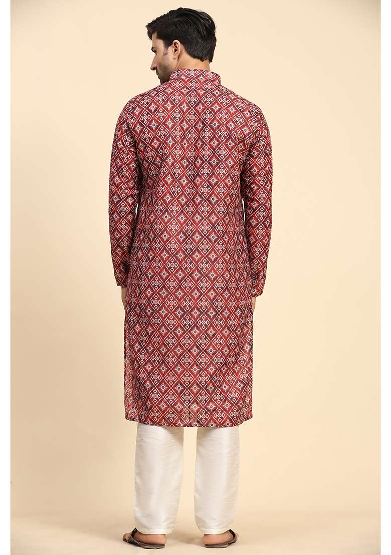 Red Digital Print Cotton Kurta For Men - Indya