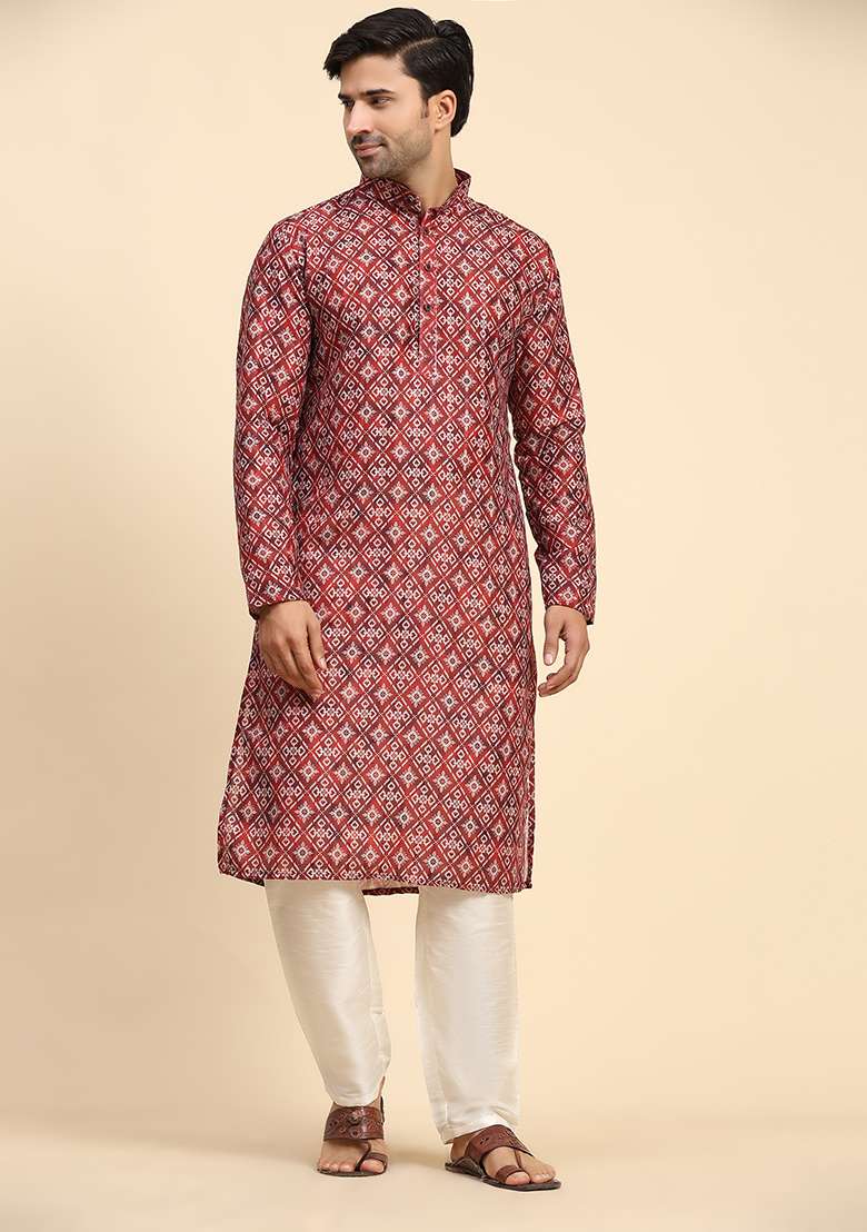 Red Digital Print Cotton Kurta For Men - Indya