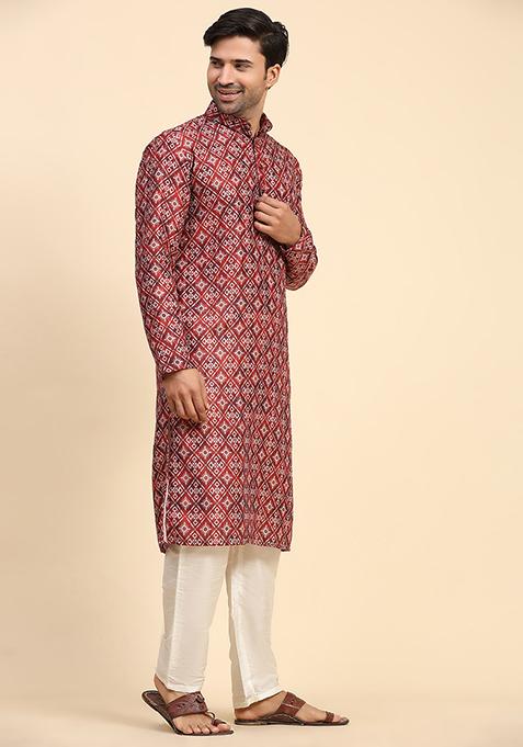 Red Digital Print Cotton Kurta For Men