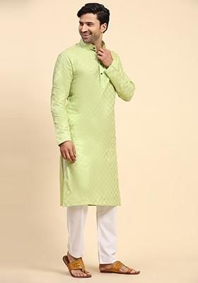 Pista Green Woven Cotton Kurta For Men