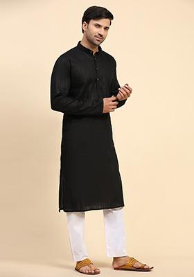 Black Woven Cotton Kurta For Men