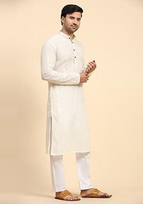 Off White Woven Cotton Kurta For Men