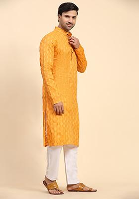 Yellow Woven Cotton Kurta For Men