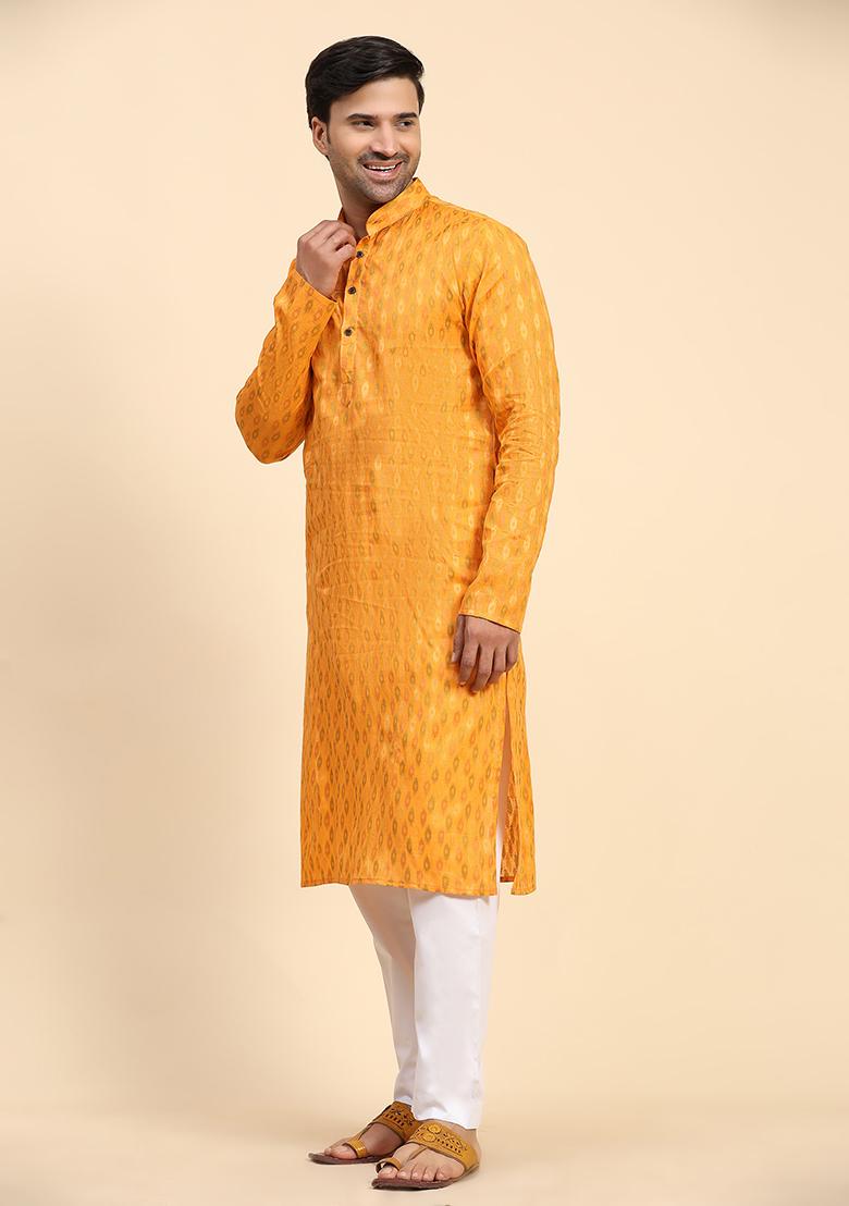 Yellow Woven Cotton Kurta For Men
