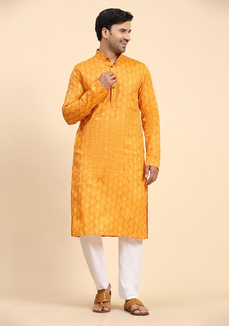 Yellow Woven Cotton Kurta For Men