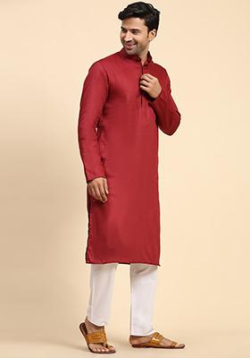 Maroon Woven Cotton Kurta For Men