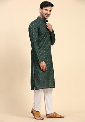 Green Woven Cotton Kurta For Men