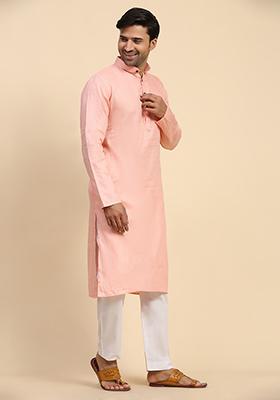 Pink Woven Cotton Kurta For Men