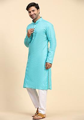 Blue Woven Cotton Kurta For Men