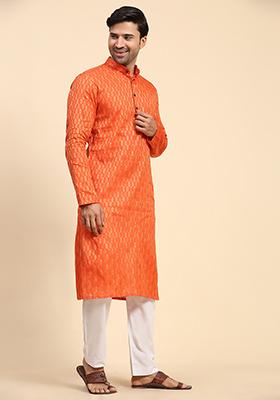 Orange Woven Cotton Kurta For Men