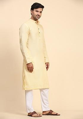 Yellow Woven Cotton Kurta For Men