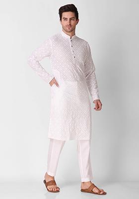 White Sequin Embroidered Cotton Kurta For Men