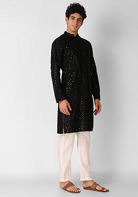 Black Sequin Embroidered Cotton Kurta For Men