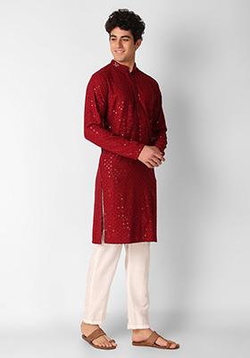 Maroon Sequin Embroidered Cotton Kurta For Men