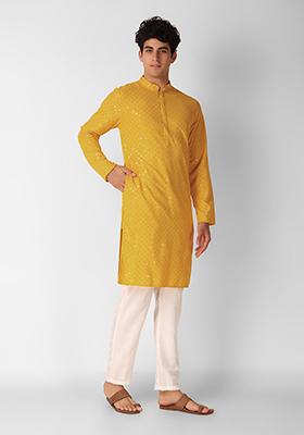 Yellow Sequin Embroidered Cotton Kurta For Men