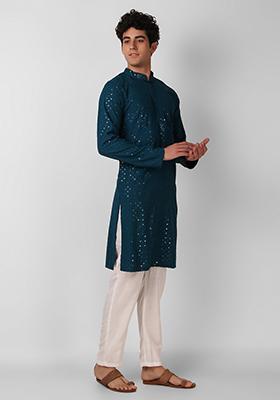 Teal Sequin Embroidered Cotton Kurta For Men