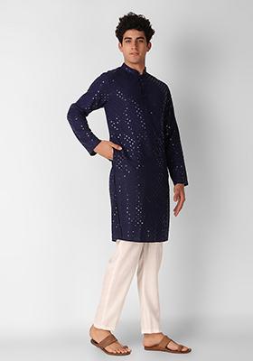 Navy Blue Sequin Embroidered Cotton Kurta For Men