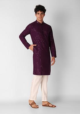 Wine Sequin Embroidered Cotton Kurta For Men