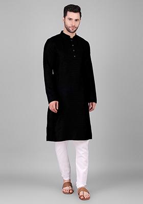 Black Woven Viscose Kurta For Men
