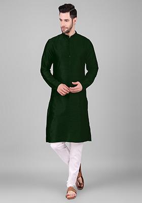 Green Woven Viscose Kurta For Men
