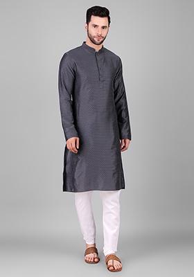 Grey Woven Viscose Kurta For Men