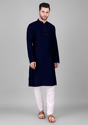 Navy Blue Woven Viscose Kurta For Men