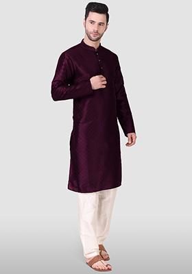 Purple Woven Art Silk Kurta Pyjama Set For Men