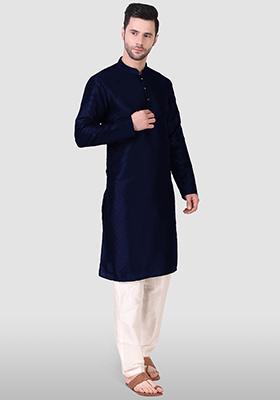 Navy Blue Woven Art Silk Kurta Pyjama Set For Men
