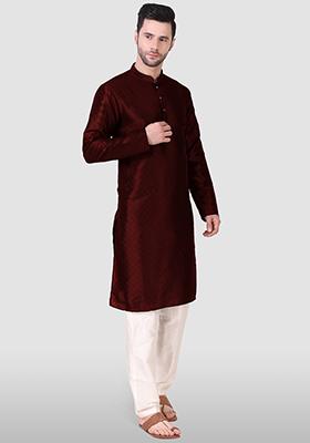 Maroon Woven Art Silk Kurta Pyjama Set For Men