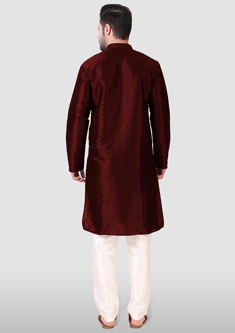 Maroon Woven Art Silk Kurta Pyjama Set For Men