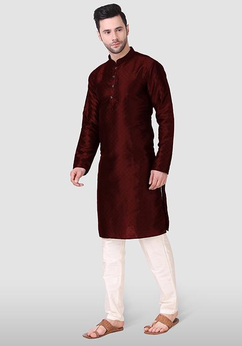 Maroon Woven Art Silk Kurta Pyjama Set For Men