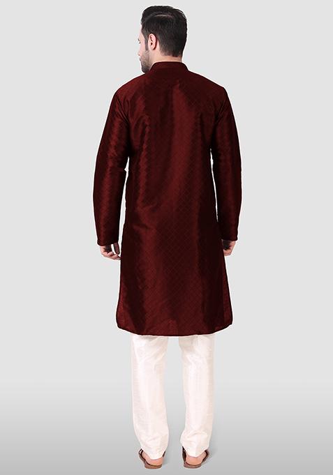 Maroon Woven Art Silk Kurta Pyjama Set For Men