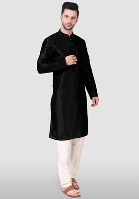 Black Woven Art Silk Kurta Pyjama Set For Men
