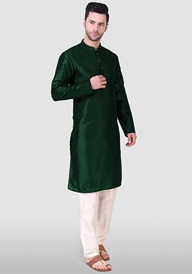 Green Woven Art Silk Kurta Pyjama Set For Men
