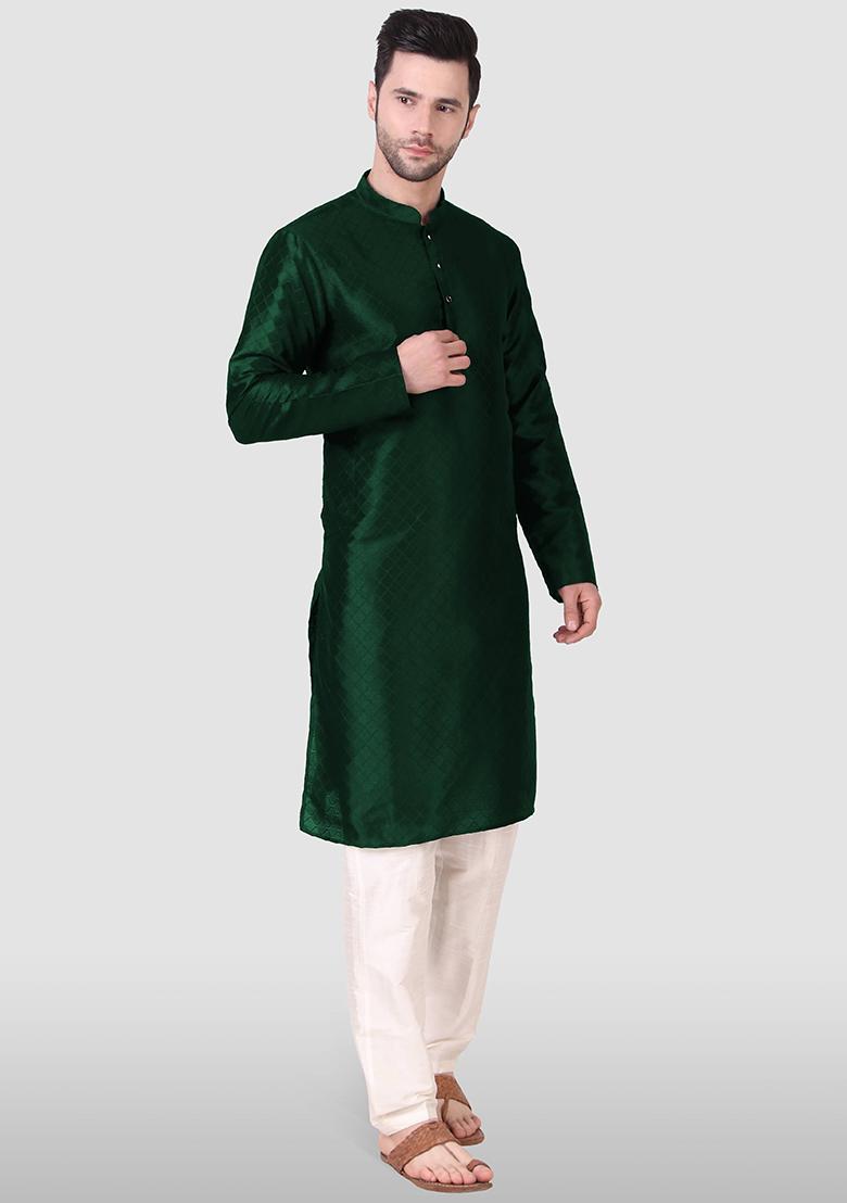 Green Woven Art Silk Kurta Pyjama Set For Men
