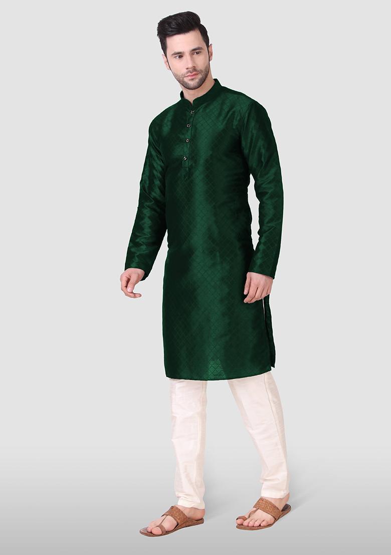 Green Woven Art Silk Kurta Pyjama Set For Men
