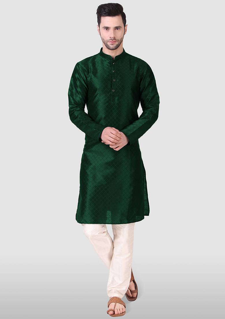 Green Woven Art Silk Kurta Pyjama Set For Men