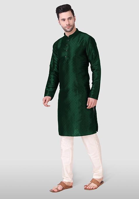 Green Woven Art Silk Kurta Pyjama Set For Men