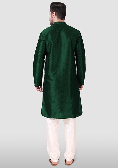 Green Woven Art Silk Kurta Pyjama Set For Men