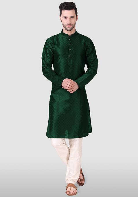 Green Woven Art Silk Kurta Pyjama Set For Men