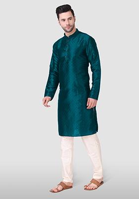 Teal Woven Art Silk Kurta Pyjama Set For Men